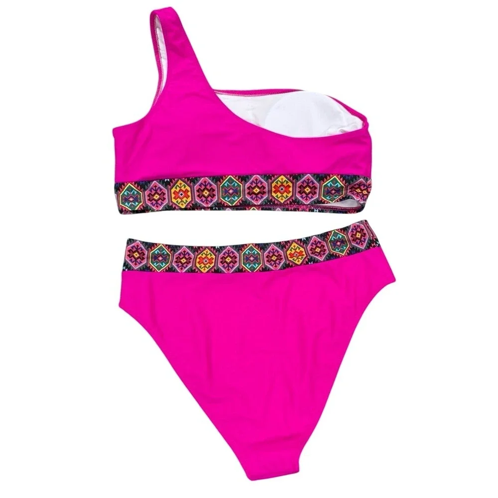 Hilinker One Shoulder Bikini Set Pink Tribal Trim High Waisted Large‎